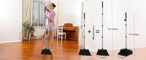 Broom and Dustpan Set for Home, 51" Long Handle Standing Dustpan Black - color: Black