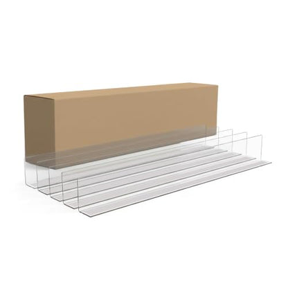 Clip Strip 50 Pack Shelf Dividers for Retail Stores, 1" H x 9-9/16" L, 15 mil Crystal Clear PVC Adhesive Mount Retail Shelf Separator Corp., SD-1510