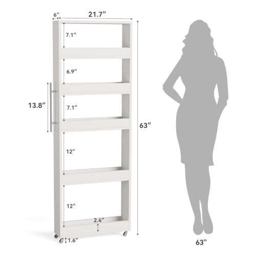 LITTLE TREE 63-Inch Slim Storage Cart on Wheels, 5-Tier Tall Narrow Mobile Shelf Organizer, Rolling Utility Cart with Metal Handle for Kitchen, Dining Room, Small Spaces, White - color: White