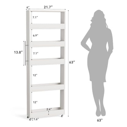 LITTLE TREE 63-Inch Slim Storage Cart on Wheels, 5-Tier Tall Narrow Mobile Shelf Organizer, Rolling Utility Cart with Metal Handle for Kitchen, Dining Room, Small Spaces, White - color: White