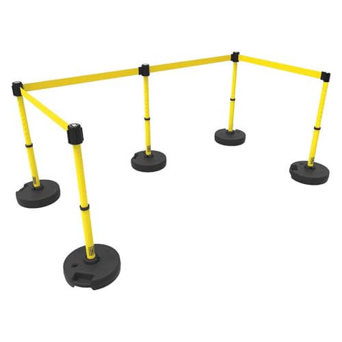 Banner Stakes Crowd Control Plus 15' Retractable Belt Barrier Stanchion Set X5, Covers 60' - Blank Yellow Banner, 22"-42" Plastic Adjustable Post, Fillable Base (PL4592) - color: Yellow, size: 60'