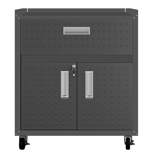 Manhattan Comfort Fortress Rolling Garage Storage Cabinet with Drawer & Adjustable Shelves, Lockable Metal Compartment for Tools, Heavy-Duty Mobile Utility Organizer with Wheels, Charcoal Gray - color: Charcoal Gray, style: Storage Cabinet