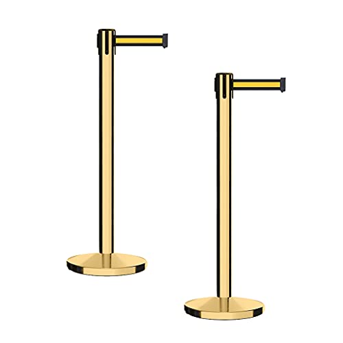 CCW Retractable Belt Barrier Stanchions, Pair, Polished Brass Posts, 7.5 Ft - color: Black and Yellow Horizontal Stripe, size: 7.5 Foot
