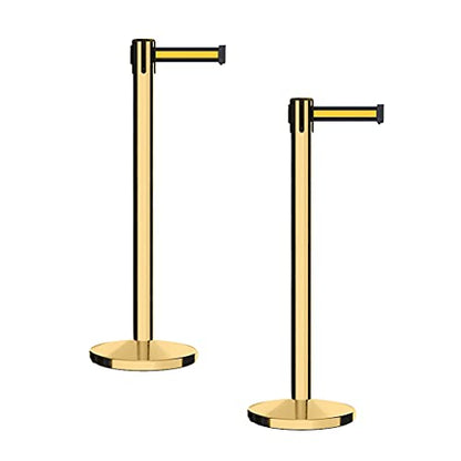 CCW Retractable Belt Barrier Stanchions, Pair, Polished Brass Posts, 7.5 Ft - color: Black and Yellow Horizontal Stripe, size: 7.5 Foot