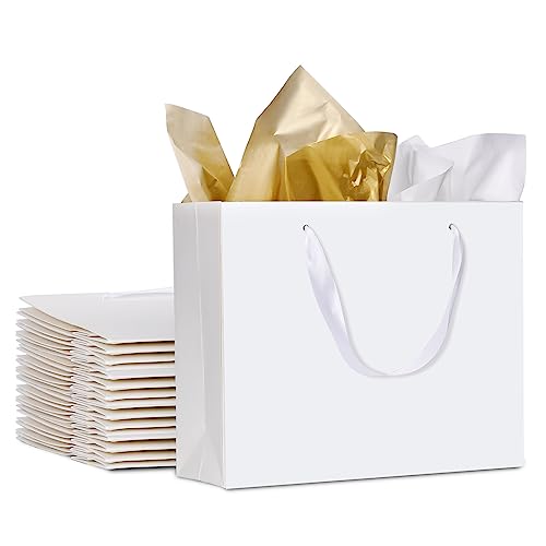 Plauthus 10.6" White Gift Bags, 12-Pack with Tissue Paper, Ribbon Handles - color: white-12-medium