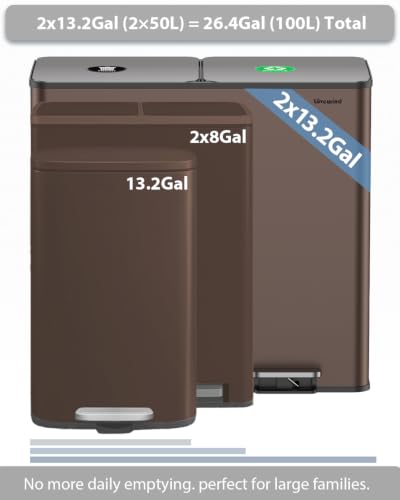 Dual Trash and Recycling Bins for Kitchen, 2*13.2 Gal Dual Trash Can, Brown - color: Brown, size: 2 * 13.2 Gallon