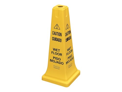 Rubbermaid Commercial Products Heavy-Duty Multilingual Caution/Warning Wet Floor Safety Cone for Restaurant/Grocery Store/Office/Facility/High-Traffic Area, Tall/Durable, 25", Yellow