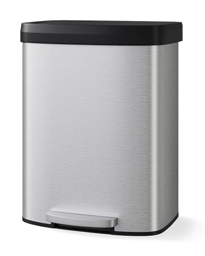 Garvee 16 gal / 60 L Stainless Steel Trash Can with Lid, Large Garbage Can for Kitchen, Rustproof Step-on Kitchen Metal Trash Bin with Liner Rim, Rear Handle, Soft Close Plastic Lid, Silver - color: Silver, size: 15.8 Gallons