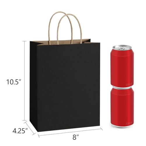 BagDream Recyclable Kraft Paper Gift Bag, 8x4.25x10.5 Inches, 100Pcs, Black, with Handles, Bulk, FSC Compliant, Multipurpose - color: Black