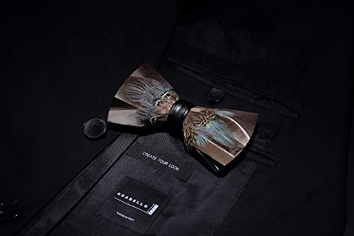 RBOCOTT Handmade Feather Pre-tied Bow tie and Brooch Sets for Men - color: Brown/Turqupise