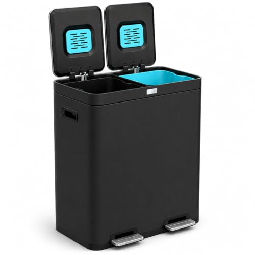 Home Zone Living 16 Gallon Kitchen Trash Can with Dual Compartments - color: Black, size: 16 Gallon