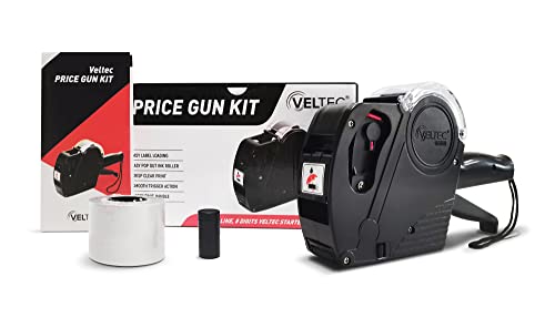 Veltec Price Gun Starter 1-Line, 8 Digits – Includes 2000 White Labels, 1 Inker and Starter Labels Preloaded, and Extra Ink Roller