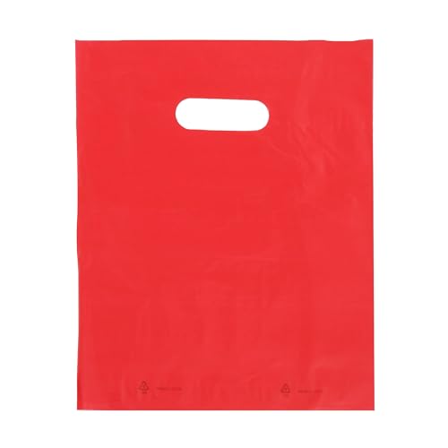 SSWBasics Red Plastic Merchandise Shopping Bags with Die Cut Handles - Lightweight (9x12) -