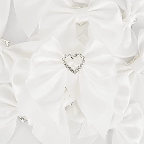 AIMUDI White Bows Satin Ribbon Rhinestone Bows 3" Premade Sparkle Bows with Gems Pre-Tied Craft Bows with Rhinestone Gift Bows for Wedding Sewing Crafts Gift Wrapping Baby Shower - 12 Counts - color: White