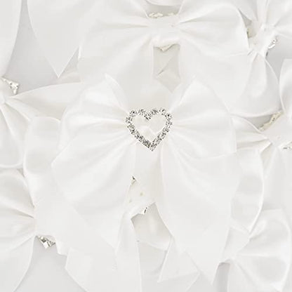 AIMUDI White Bows Satin Ribbon Rhinestone Bows 3" Premade Sparkle Bows with Gems Pre-Tied Craft Bows with Rhinestone Gift Bows for Wedding Sewing Crafts Gift Wrapping Baby Shower - 12 Counts - color: White