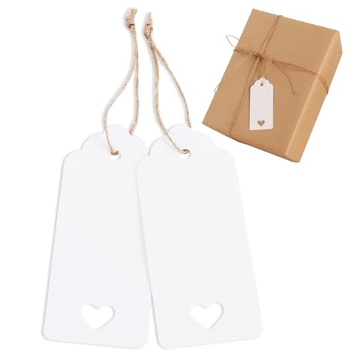 BEISHIDA 100pcs Blank Gift Tags, Hollow Heart White Kraft Paper Tags with String for Mother's Day, Valentine's Day, Birthday, Wedding, Baby Shower Favors, DIY Craft Gift Packing Business-1.6 X 3.6in - color: White