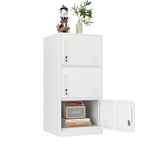 3 Door Metal Vertical Storage Locker for Kids Bedroom, Children Room, School, Office, Home ,Stackable Steel Storage Cabinet for Toys, Clothes & Sports Equipment,Anti-Tilting Device. (3D, white) - color: White, style: 3D