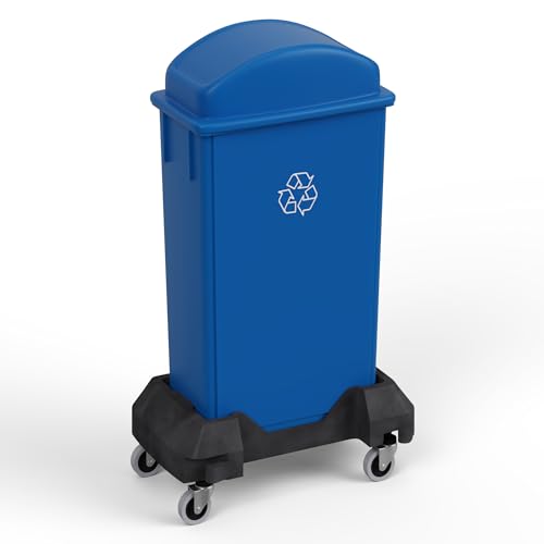 23-Gallon Blue Recycle Slim Trash Can with Swing Dome Lid and Dolly – Heavy-Duty Commercial Waste Bin with Mobile Dolly for Restaurants, Kitchens & Offices