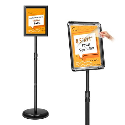 Sign Holder Stand 8.5x11 Inch, Adjustable Sign Stand with 360 Rotated Frame, Floor Standing Sign Holder, Snap-Open Frame Display, Outdoor Indoor Poster Display for advertising, Malls, Black