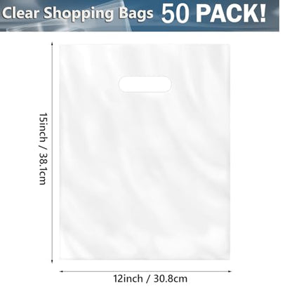 Clear Shopping Bags,Large 12x15 inches, 50 Pack, Plastic Retail Merchandise Bags, Tear Resistant, Durable, Anti-Stretch, 100% Recyclable (12 * 15 inch 50 PACK)