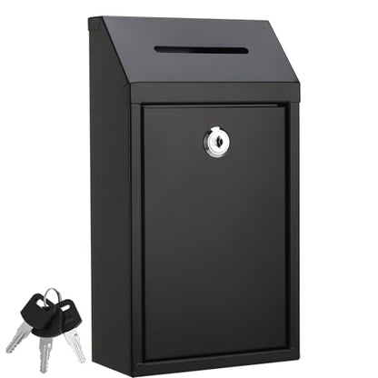 Metal Donation Box with Lock Money Cash Drop Box with Slot, Wall Mount Suggestion Box Collection Box Ballot Box for Home Office Outdoor Farm Stand, 10.2 x 5.7 x 3 in - color: Black