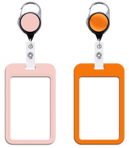 Orange & Pink Badge Reel Retractable ID Holder Cute Name Reel Clip Vertical ID Key Card Badge Holder for Women Nurse Teacher Preppy School Student - color: Orange & Pink