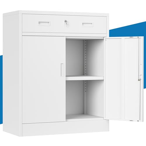 Metal Storage Cabinet, 36" Locking Cabinet with 1 Drawer & Shelves - color: White, size: 36"H×28"W×16"D-1Drawer