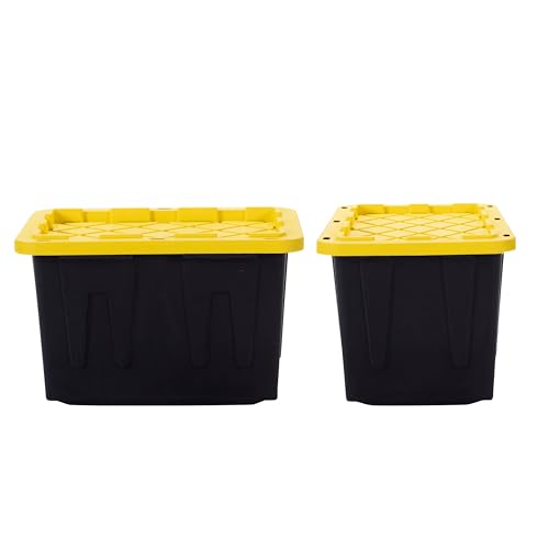 Plastic 23-Gallon Storage Tote with Lockable Lid, Stackable Tough Regular-Duty Bin for Garage, Tools, and Home Organization (2-Pack) - Black and Yellow - size: 23-Gallon (2-Pack)