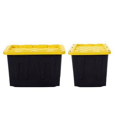 Plastic 23-Gallon Storage Tote with Lockable Lid, Stackable Tough Regular-Duty Bin for Garage, Tools, and Home Organization (2-Pack) - Black and Yellow - size: 23-Gallon (2-Pack)