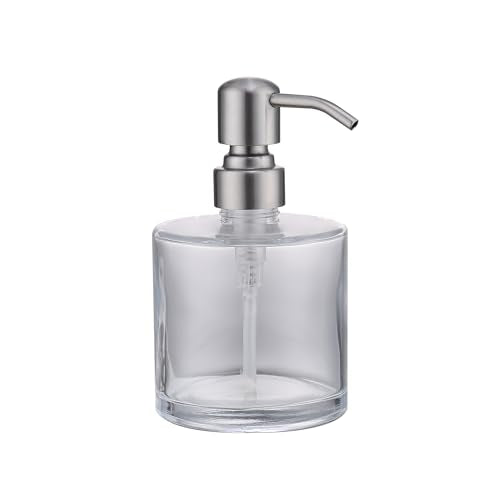Clear Glass Soap Dispenser with Rust Proof Stainless Steel Pump, Brushed Nickel Refillable Liquid Hand Soap Dispenser for Bathroom, Kitchen (11Oz, Round) - color: Brushed Nickel, size: 11 oz Round
