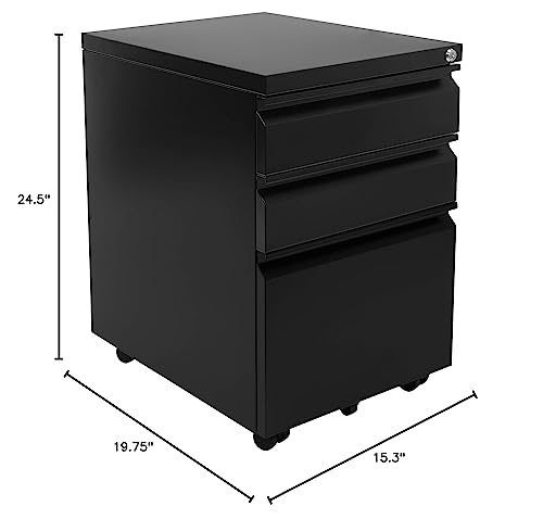 Mount-It! 3 Drawer File Cabinet with Lock and Wheels, Heavy-Duty Steel Rolling Drawer Cabinet, Fully Assembled Under Desk Filing Cabinet for Home Office Storage, 15.3" W x 19.75" D x 24.5" H, Black - color: Black