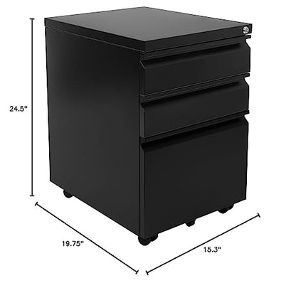 Mount-It! 3 Drawer File Cabinet with Lock and Wheels, Heavy-Duty Steel Rolling Drawer Cabinet, Fully Assembled Under Desk Filing Cabinet for Home Office Storage, 15.3" W x 19.75" D x 24.5" H, Black - color: Black