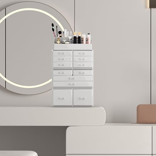 Readaeer Makeup Cosmetic Organizer Storage Drawers Display Boxes Case with 12 Drawers (White) - color: White