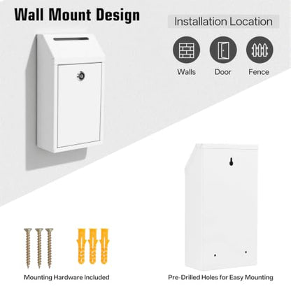 Sumerfnt Locking Cash Box with Slot, Metal Money Donation Box with Lock and 4 Keys Wall Mount, Cash Drop for Farm Stand, Self-Serve Stand, Tips, Fundraising, White - color: White