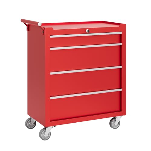 Garvee Rolling Tool Chest, 4 Drawers Tool Storage Cabinet, Toolbox with Wheels, Portable Tool Cabinet Organizer with Locking System & Drawer Liners, Tool Storage Cart for Garage, Workshop, Red - color: Red, size: 4 Drawers