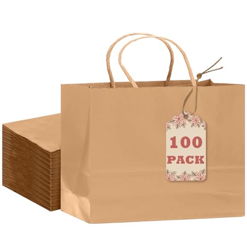 qiqee 13"x4.5"x10" Large Gift Bag with Handles Bulk 100PCS Gift Paper Bags Brown Bags Multiple Uses (Wide Large) - size: Wide Large - 100 Packs