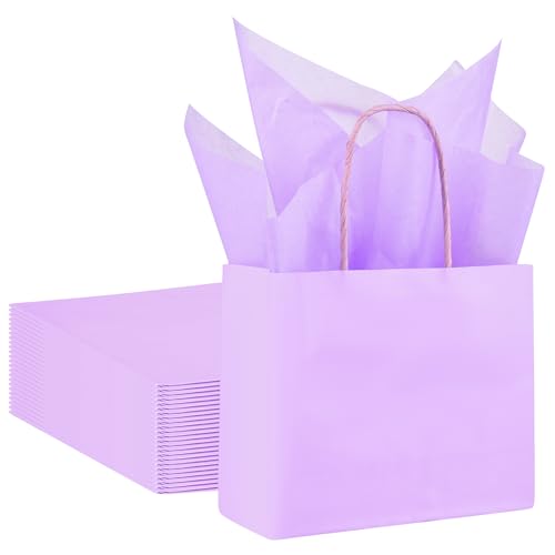 DjinnGlory 24 Pack Mini Tiny Small Lavender Purple Paper Gift Bags with Handles 6x5x2.5 Inch and 24 Tissue Paper for Merchandise Wedding Baby Shower Birthday Party Favors Goodies - color: Purple