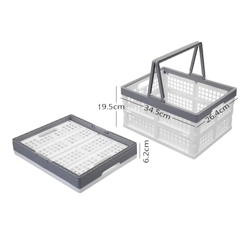 16 L Collapsible Plastic Storage Crates with Handles, Foldable Shopping Baskets, 2 Packs