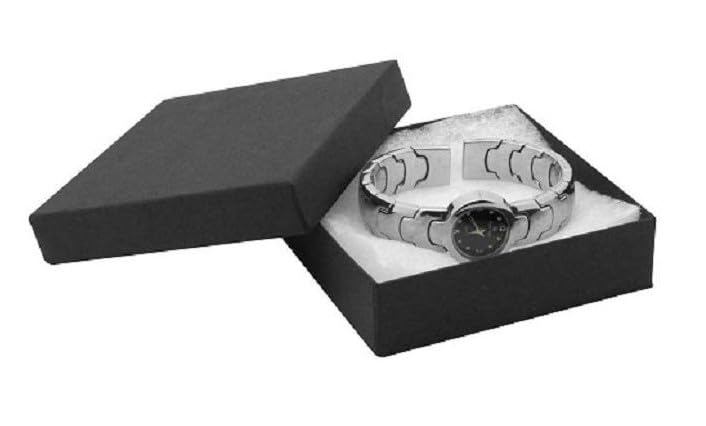RJ Displays 16 Pack Cotton Filled Matte Black Color Paper Cardboard Jewelry Necklace Bracelets Watch Brooches Gift Packaging and Retail Display Boxes Size- 3.5 X 3.5 X 1 Inch