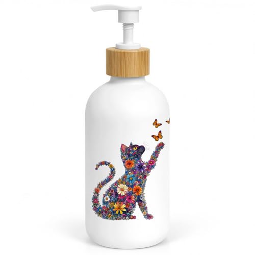 Boho Floral Cat Glass Soap Dispenser with Pump - color: Floral Cat