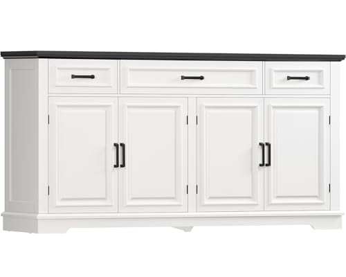 usikey 59” Large Buffet Cabinet with 4 Doors and 3 Drawers, Buffet Sideboard Cabinet with Storage and 2 Adjustable Shelves, Coffee Bar, Wine Bar for Living Room, White - color: White+black -59"w