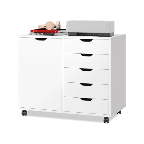 DEVAISE 5-Drawer Wood Drawer Cabinet, Office Storage Cabinet, White - color: White