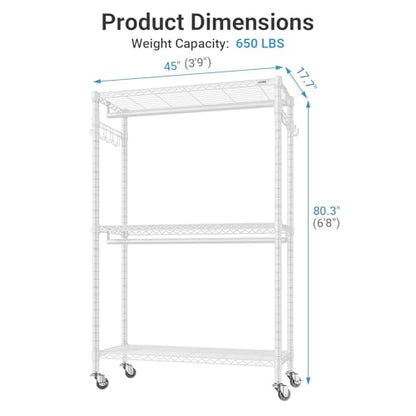 VIPEK R2 Plus Clothing Rack Heavy Duty Rolling Closet for Hanging Clothes - color: White, size: R2 Plus