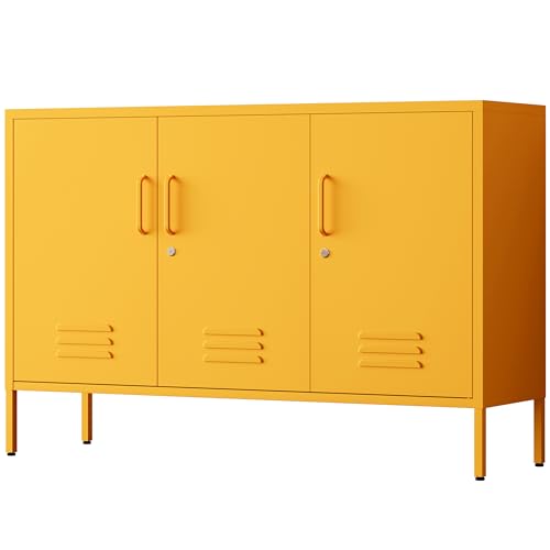 47.3" Wide Yellow 3-Door Lockable Metal Storage Locker, Heavy-Duty Multipurpose Home Storage Cabinet with 2 Removable Shelves, Easy Assembly Tool Cabinet for Home, Office, Entryway, Hallway - color: Mustard, style: Cabinet-32"H-WL