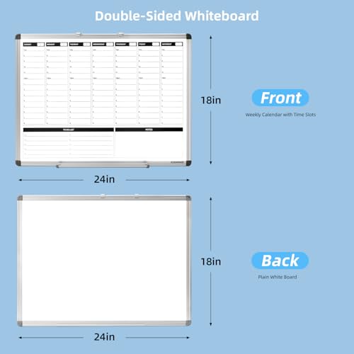 Weekly Dry Erase Board, Weekly Planner whiteboard with Hourly time Slots, Whiteboard Weekly Calendar for Schedule for wall 24" X 18" Double-Sided for Office, Home and School - size: 24"W x 24"H