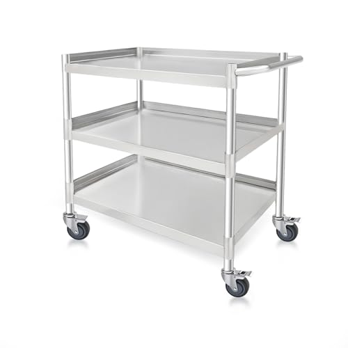 3-Shelf Stainless Steel Rolling Utility Cart - Heavy-Duty Metal Mobile Storage with Handle & Locking Wheels - Ideal for Kitchen, Medical, Lab, Restaurant & Home Use (16''x24''x34'')
