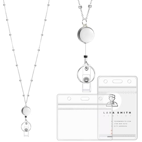Lanyards for Id Badges Stainless Steel Lanyard with 2 Waterproof ID Holders - color: Silver