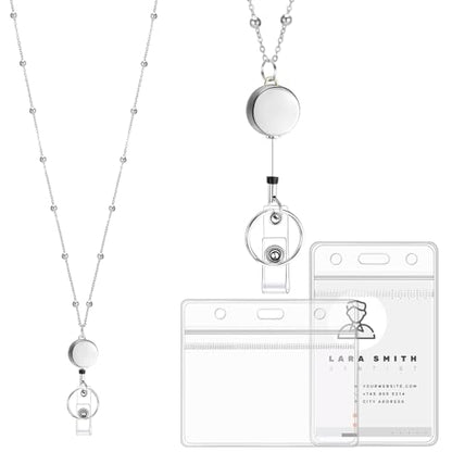 Lanyards for Id Badges Stainless Steel Lanyard with 2 Waterproof ID Holders - color: Silver