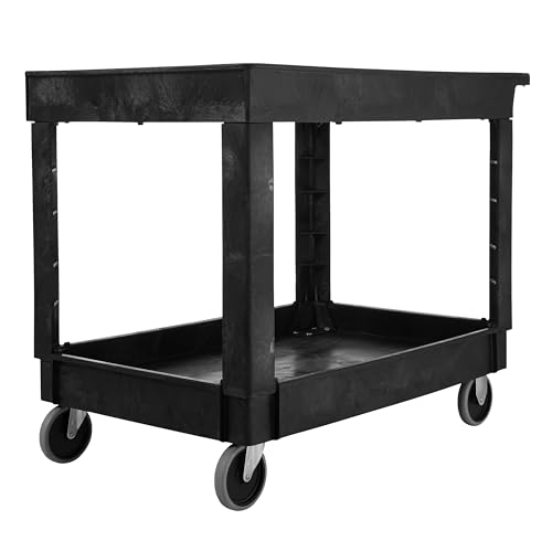 Rubbermaid Commercial Products 2-Shelf Utility/Service Cart, Medium, Lipped Shelves, Standard Handle, 500 lbs. Capacity, for Warehouse/Garage/Cleaning/Manufacturing/Maintenance - size: Medium