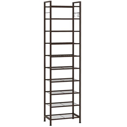 usikey 10 Tiers Narrow Shoe Rack 20-30 Pairs, Sturdy Metal Tall Shoe Rack Shelf with 4 Hooks, Slim Shoe Storage with Metal Shelf, Space Saving Vertical Shoe Organizer for Closet Entryway, Bronze - color: 10 Tier ( 17.9 X 11 X 69.2 Inches)-bronze